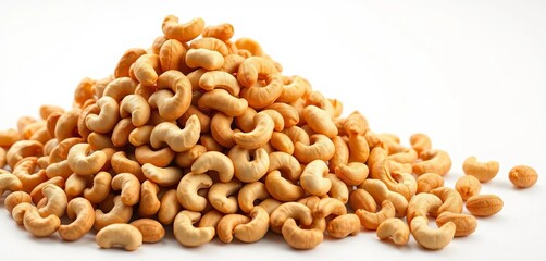 A mound of whole roasted cashews sits on a pristine white surface,  nutrition,  abundance