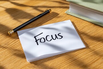 Focus Word on Paper with Pen and Book on Wooden Table for Business Strategy and Education Concept