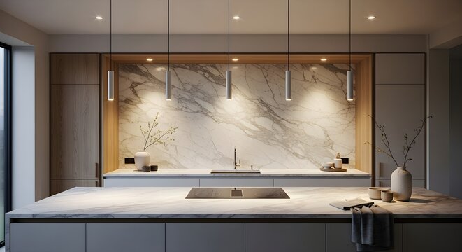contemporary kitchen with marble slab backsplash, neutral palette, cinematic mood lighting