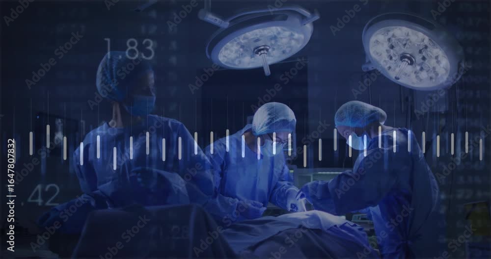 Poster surgical team making incision under lights prompted by pulsing bars tracking vitals with line graph