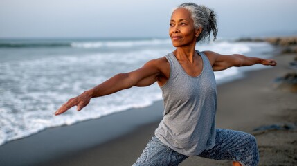A healthy senior woman practices yoga on a beach, enjoying serenity and wellness