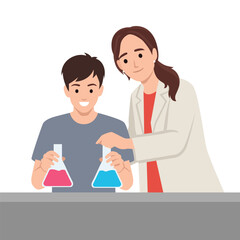 Obraz premium Professor supervises a smiling student mixing colorful liquids in a science lab. Flat vector illustration isolated on white background