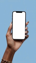 African American hand is holding a modern mobile phone with white screen