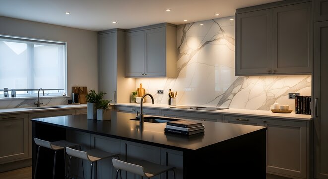 contemporary kitchen with marble slab backsplash, neutral palette, cinematic mood lighting