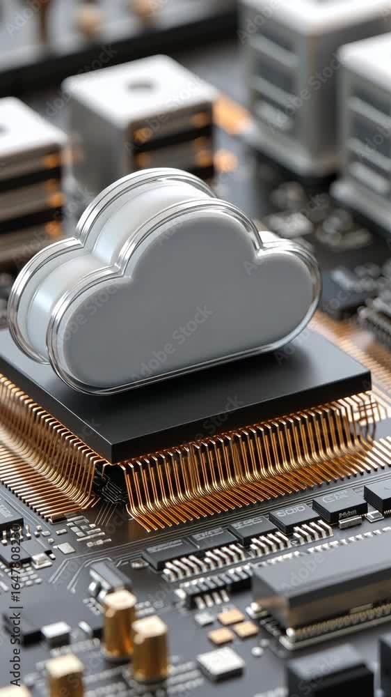 Poster exploring cloud technology integrated with modern computer hardware in a high-tech environment