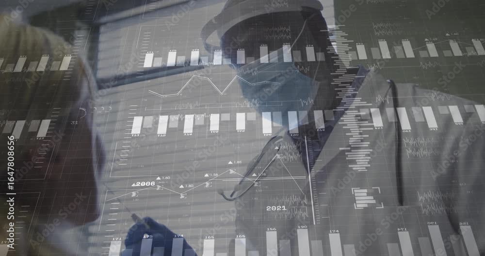 Poster physician nasal swabbing patient, animating data overlay from bar chart to line graph and timeline