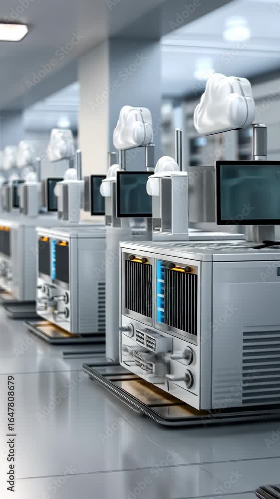 Poster modern data center featuring advanced server racks and cloud technology with multiple monitors in a 