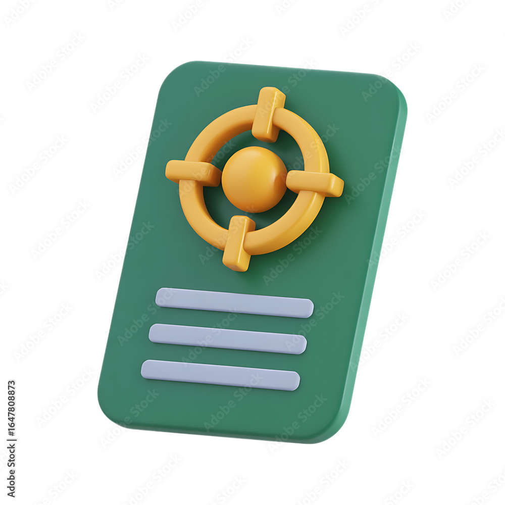 Poster 3d render of a target on a document, symbolizing goal setting and achievement.