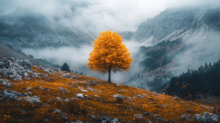 Solitary golden tree on a misty mountain ridge