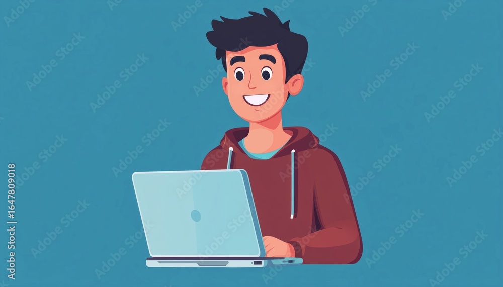 Poster happy man using laptop with cute blue graphic elements for web design and applications. object place