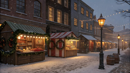 Naklejka premium Snowy European street market with illuminated stalls and vintage lampposts winter