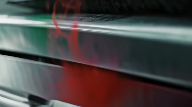 Close-up of industrial printing machine with red ink creating vibrant designs in a dynamic factory