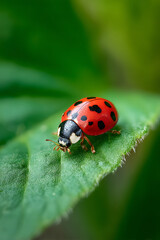 Close up of ladybug with black spots on fresh green leaf, vibrant colors, natural outdoor setting, macro photography, peaceful and detailed nature scene