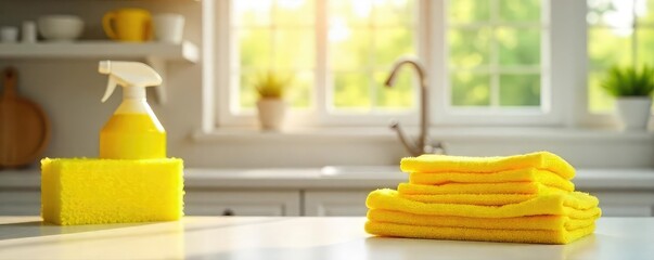 Bright yellow cleaning supplies, sponges, and cloths in a sunny kitchen, ready for housework A cheerful and vibrant scene of domestic cleaning essentials , chores, clean, yellow