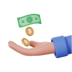 3D illustration of hand receiving money. Concept of income, payment, donation, finance.