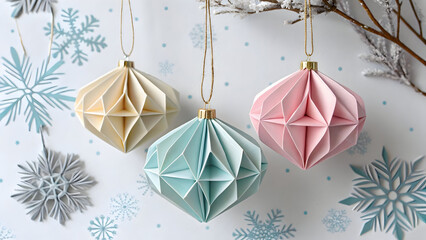 Three pastel origami baubles hanging with delicate paper snowflakes and a frosted branch