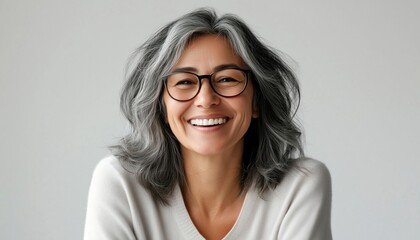 Fototapeta premium Cheerful Latin Lady In Casual Attire Laughing Against Grey Background, Exuding Success And Happiness With Toothy Smile Directed At Camera.