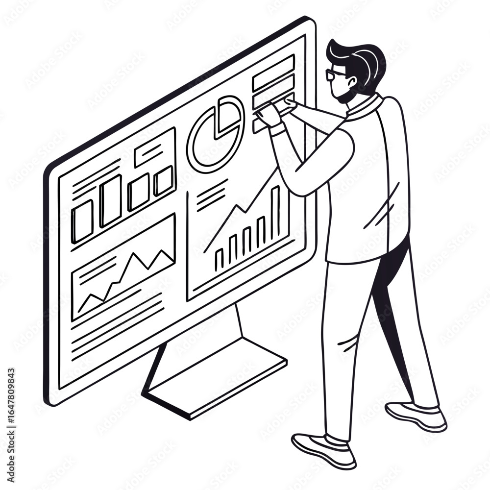 Poster a man analyzing data on a monitor, working on business analytics report