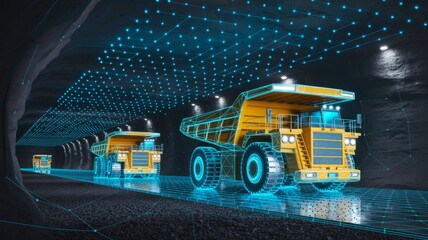 Digital illustration of autonomous mining trucks in a futuristic underground tunnel, showcasing technology and innovation in mining operations.
