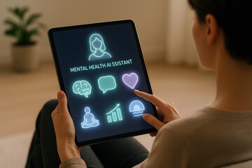 Person using tablet for mental health AI assistant app featuring icons for wellness, brain, chat, heart, meditation, growth, and relaxation