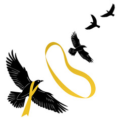 Black birds flying with gold ribbon isolated on white background