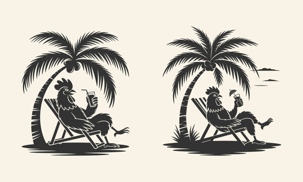 Vintage Summer Rooster Illustration with Tropical Palm Trees, Beach, and Fun Vacation Vibes Perfect for Beach-Style Decor, Posters, and Summer-Themed Projects