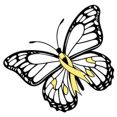 Butterfly with gold ribbon for childhood cancer awareness isolated on white background