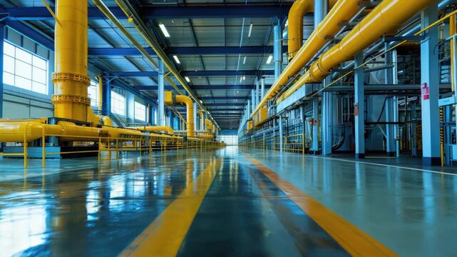Industrial building with yellow pipes and industrial equipment, suitable for use in presentations about manufacturing, industry, or business