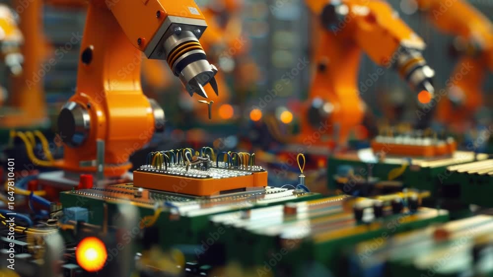 Poster a close-up view of a machine assembling a circuit, with various components and wires