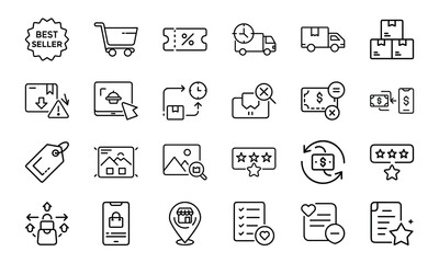 24 E-commerce and Shopping Line Icons Online Store, Delivery, Discount, Order Tracking, Product Rating, Inventory, Mobile Shopping, Payment, and Customer Review Vector Icon Set