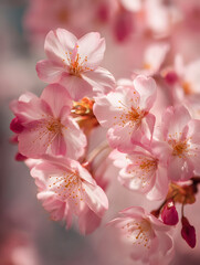 Obraz premium Close up of cherry blossoms in full bloom, soft pink petals and delicate stamens create serene and romantic spring atmosphere, symbolizing renewal and beauty