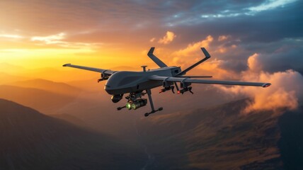 A sleek drone flies over a picturesque landscape at sunset, showcasing advanced technology against a backdrop of dramatic clouds.