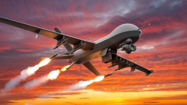 A military drone launches missiles against a dramatic sunset backdrop, showcasing advanced aerial technology and weaponry in action.