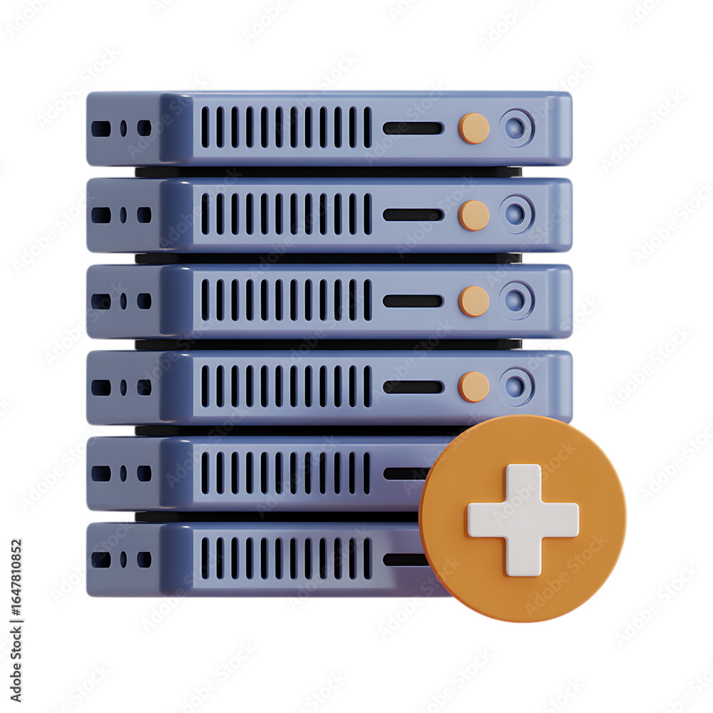 Poster 3d render of server rack with plus icon. concept of adding server, data storage, cloud computing, ne