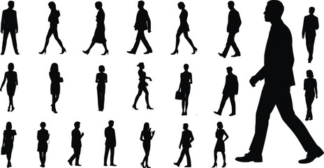 Business people silhouettes walking, professional men and women poses, corporate vector illustration, office workers in motion, black silhouette design elements