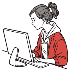 Girl is working on a computer at the desk in office isolated on white background