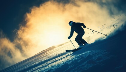 Skiing Silhouette: A Thrilling Winter Extreme Sport Displaying The Art Of Gliding Down Snow-Covered Slopes With Skill And Precision.