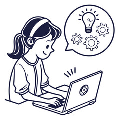 Girl using laptop with idea bulb isolated on white background