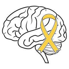 Gold ribbon and brain for childhood cancer awareness isolated on white background