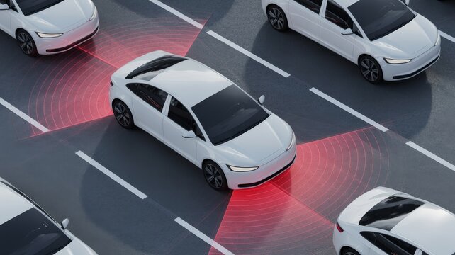 A modern car equipped with advanced sensors for autonomous driving, surrounded by other vehicles on a road, highlighting the technology of driver assistance systems.