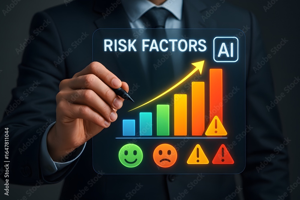 Poster businessman analyzing ai driven risk factors with upward trend graph and sentiment indicators impact