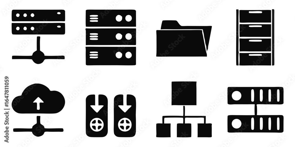 Poster Collection of black silhouette data and network icons isolated on white background server, cloud storage, database, folder, hierarchy, and connection icons for technology and internet designs