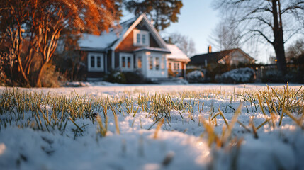 A snowy lawn with grass blades in focus and a house in the blurred background during winter day