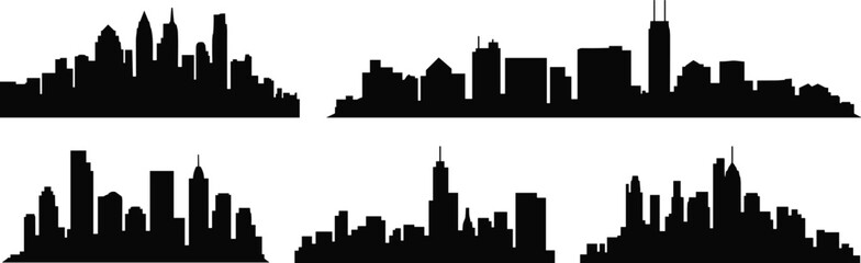 Fototapeta premium City skyline silhouette collection, urban building outlines, skyscraper cityscape shapes, modern architecture vector design, metropolitan horizon view, black urban landscape illustration