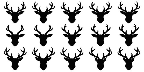 Naklejka premium Set of deer head silhouettes isolated on white background a collection of antlered animal icons for wildlife enthusiasts, hunters, and christmas decor, perfect for graphic design projects