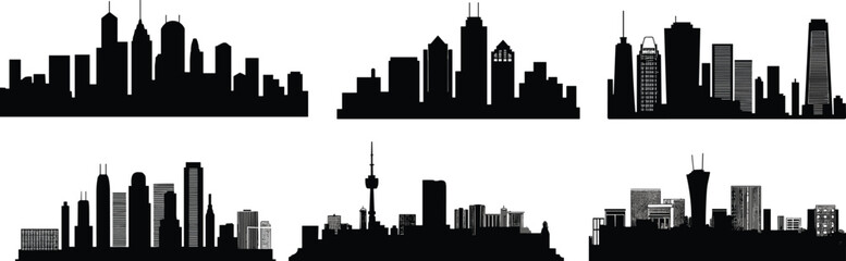 Naklejka premium City skyline silhouette collection, urban building outlines, skyscraper cityscape shapes, modern architecture vector design, metropolitan horizon view, black urban landscape illustration