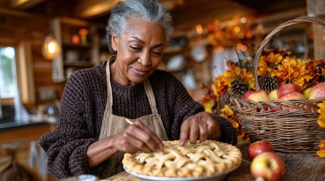 A senior Black woman carefully adds the final touches to a delicious homemade apple pie, showcasing autumn baking traditions