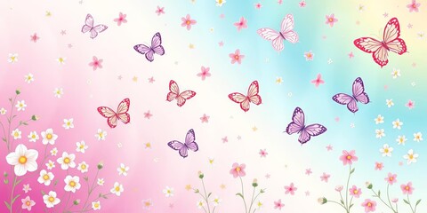 Soft pastel rainbows, delicate butterflies, and blooming flowers in a continuous, whimsical pattern, seamless pattern,  whimsical