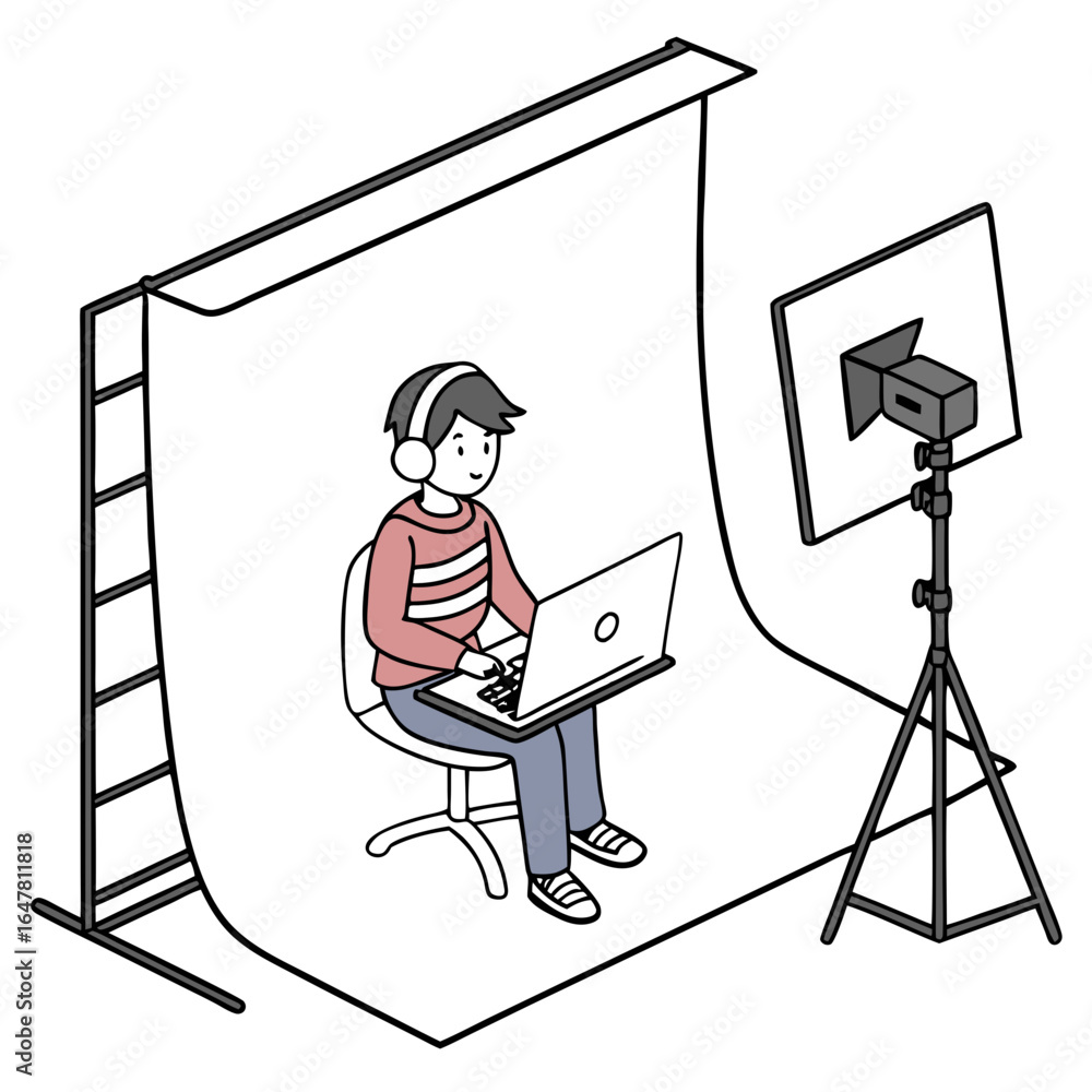 Poster man is working on laptop in a studio setup for video call isolated on white background