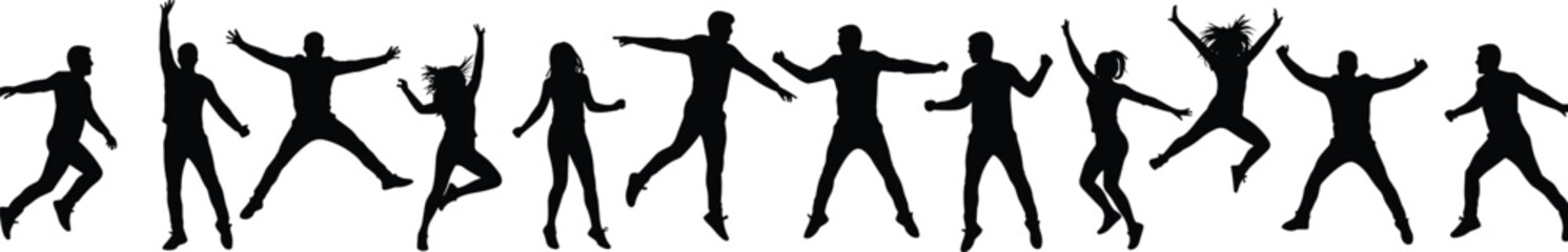 Group of people jumping silhouette, happy friends in motion, celebration dance poses, energetic crowd vector illustration, joyful human silhouettes, party movement conce